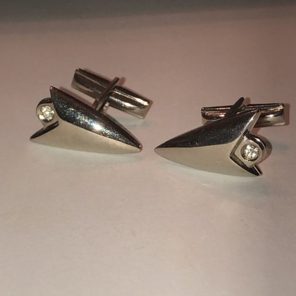 Vintage Silver Tone & CZ Rhinestone Tie Clip & Cuff Links - Picture 4 of 8